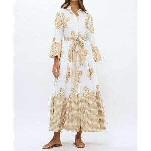 Oliphant Ruffle Collar Bell Maxi Dress Sz S in Gold Jakarta White Tiered Resort